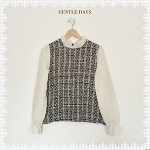 Long-Sleeved Tweed Blouse with Frill Collar, S-M